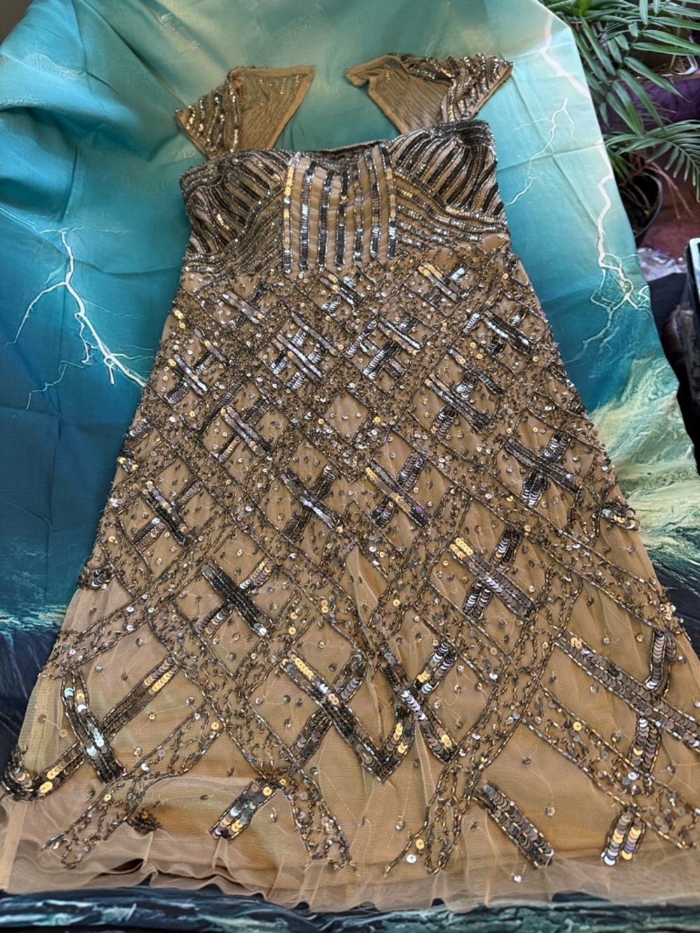 Adrianna Papell Nude Beaded Mini Dress with Gunmetal Sequins - Picture 4 of 9